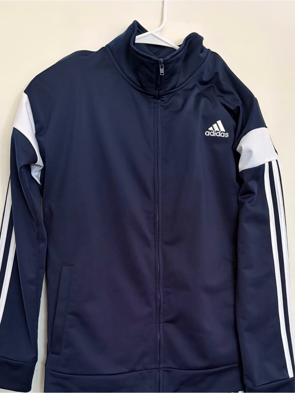 Adidas Boys Track Jacket Large 14/16 Navy Blue White 3 Stripe Full Zip Coat